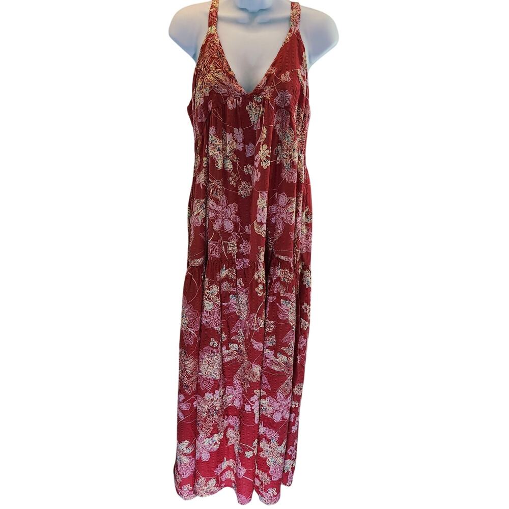 Millibon sz Large Maxi Sundress Red  Floral Whimsical Print Smocked Back